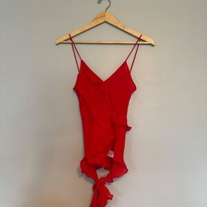 The Vintage Shop Red Ruffle Tie Front Camisole Spaghetti Strap Top Womens M